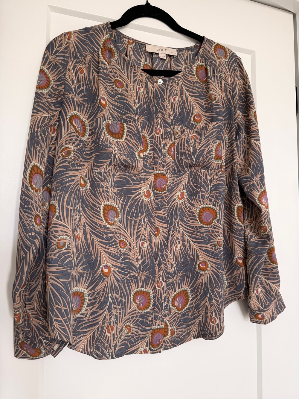 LOFT Blouse with Pink and Rust Feather Print